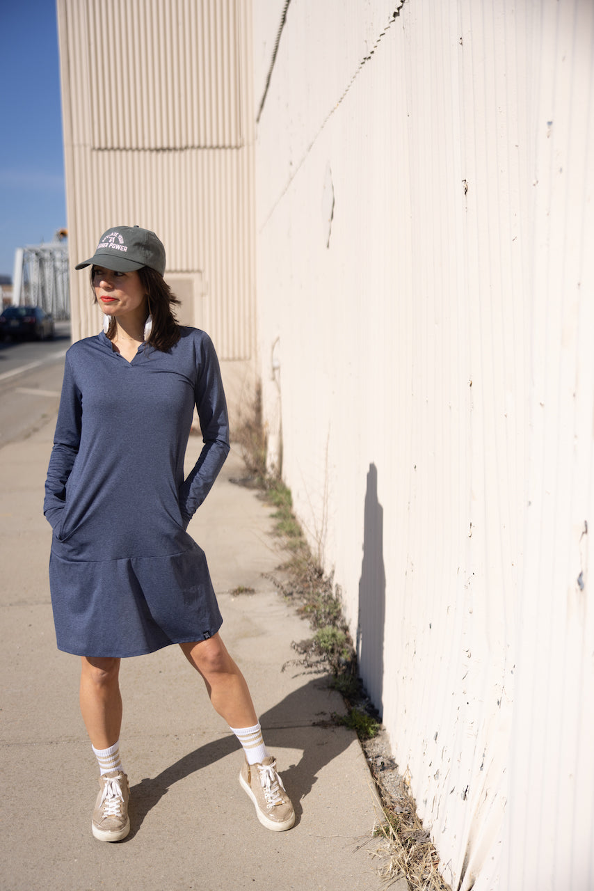 Blue EverReady Pocket Dress by Transcendent Active, casual dress with comfortable pockets, displayed on a neutral background.