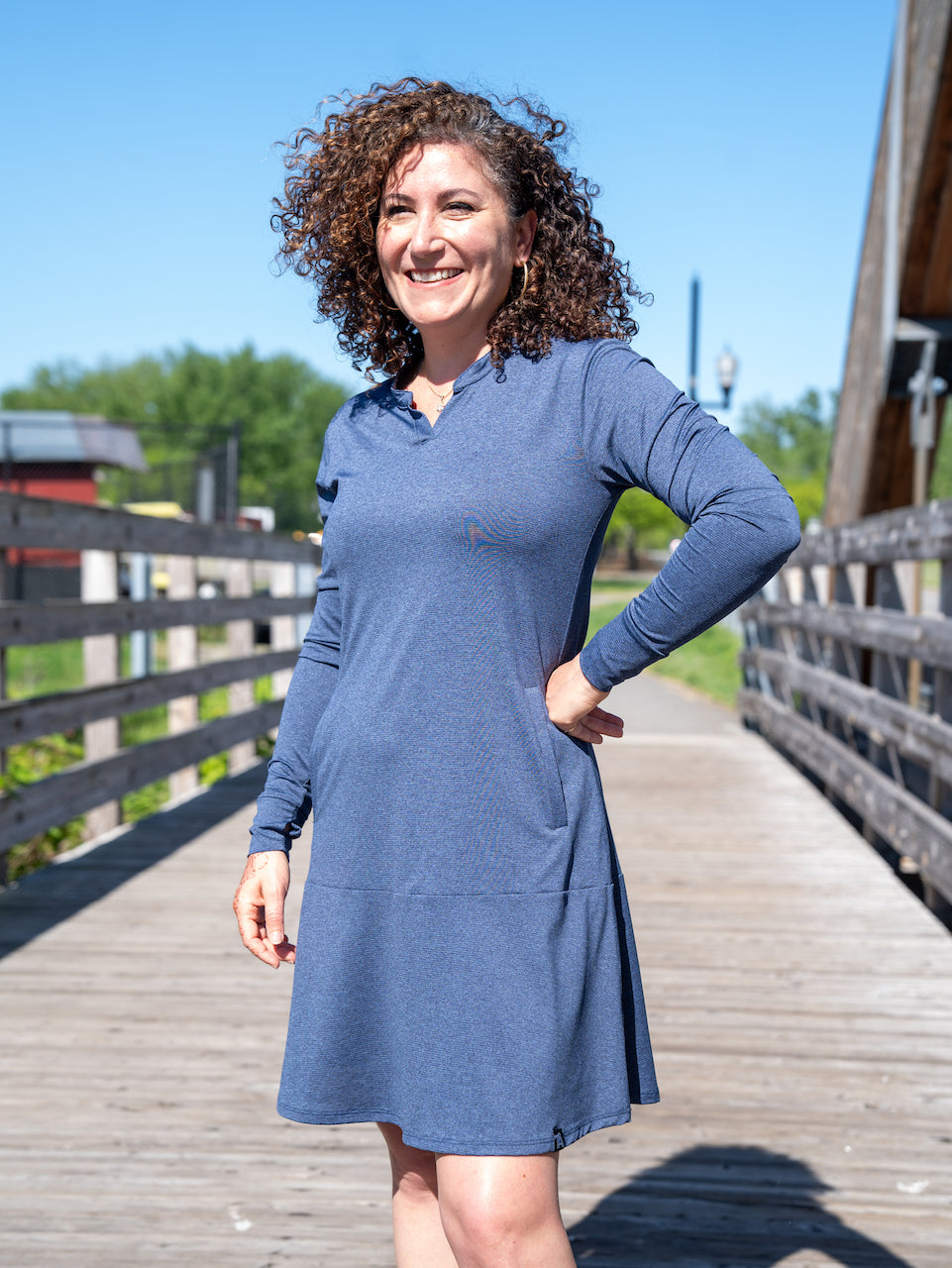 Navy EverReady Pocket Dress by Transcendent Active, above-the-knee casual dress with functional pockets on a model.