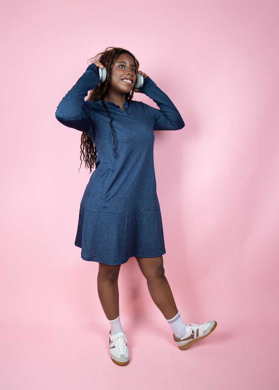 Navy EverReady Pocket Dress by Transcendent Active, stylish casual dress with practical pockets, showcased on a hanger.