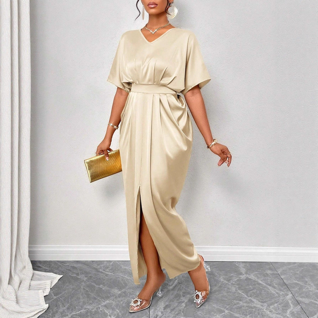 Women’s early autumn satin ball gown with a fitted waist and maxi length, featuring a stylish satin dress by Wanita Store.