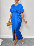 Women’s early autumn satin ball gown with a fitted waist and maxi length, featuring a sleek satin fabric and elegant design.