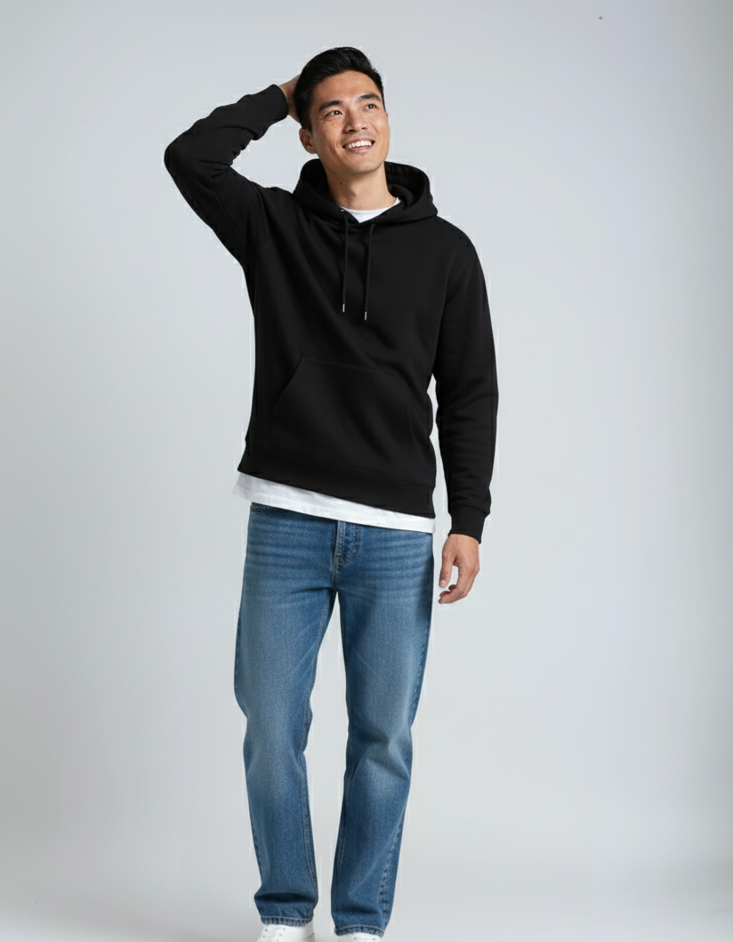 Black heavyweight fleece hoodie by SpectraUSA, showing front view with a cozy, thick fabric and casual fit.