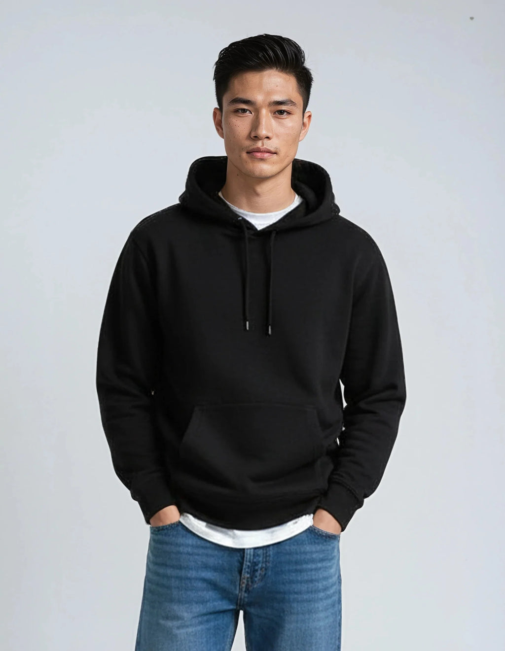 Black heavyweight fleece hoodie from SpectraUSA, model P2016, featuring a cozy, thick fabric and a classic hoodie design.