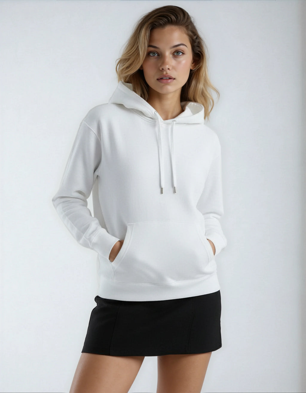 White heavyweight fleece hoodie for women by SpectraUSA, stylish and cozy sweatshirt with a comfortable fit.