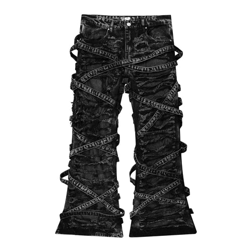 Black VENIM 2.0 bottoms by whathappenedtogod featuring a sleek design, displayed from the front view.