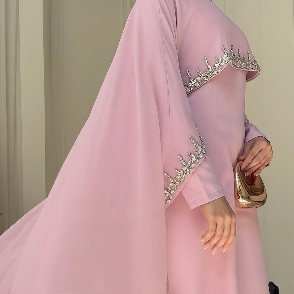 Celestial Rhinestone Cape Abaya by Mariam's Collection, elegant 2-piece set with embellished cape and matching dress for evening wear.