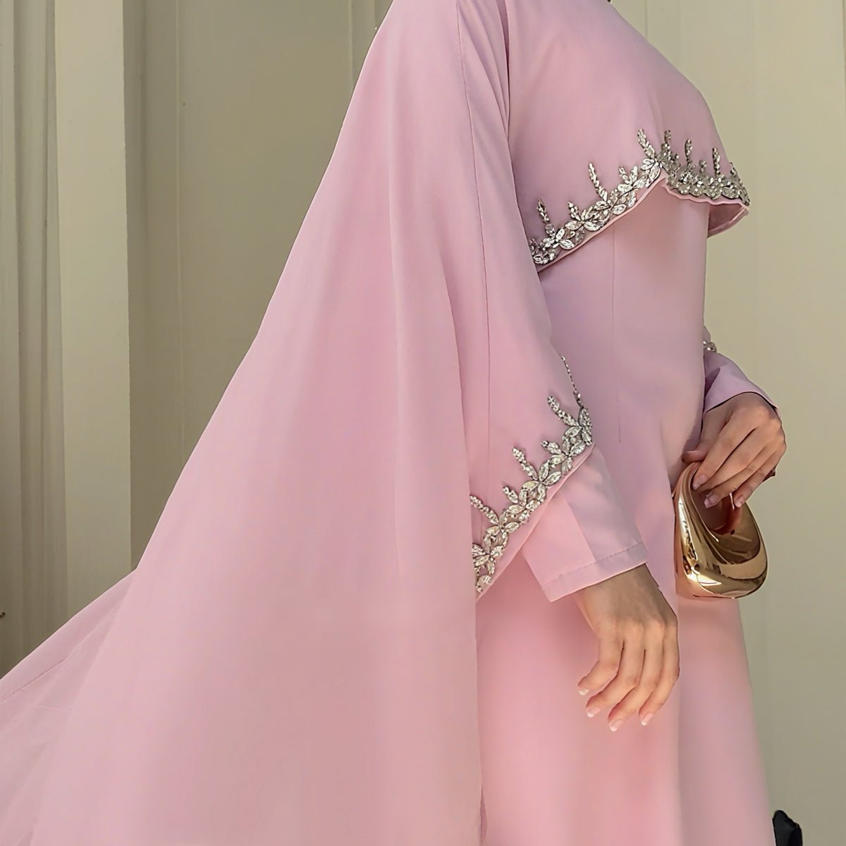 Celestial Rhinestone Cape Abaya by Mariam's Collection, elegant 2-piece set with embellished cape and matching dress for evening wear.