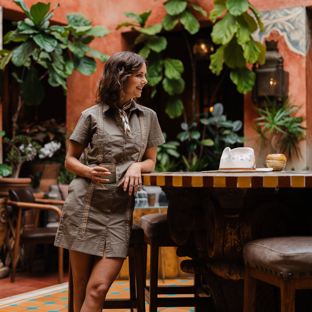 Women's Tejas Guayabera Dress in Agave Oro by Texas Standard, featuring lightweight fabric and traditional embroidered details.