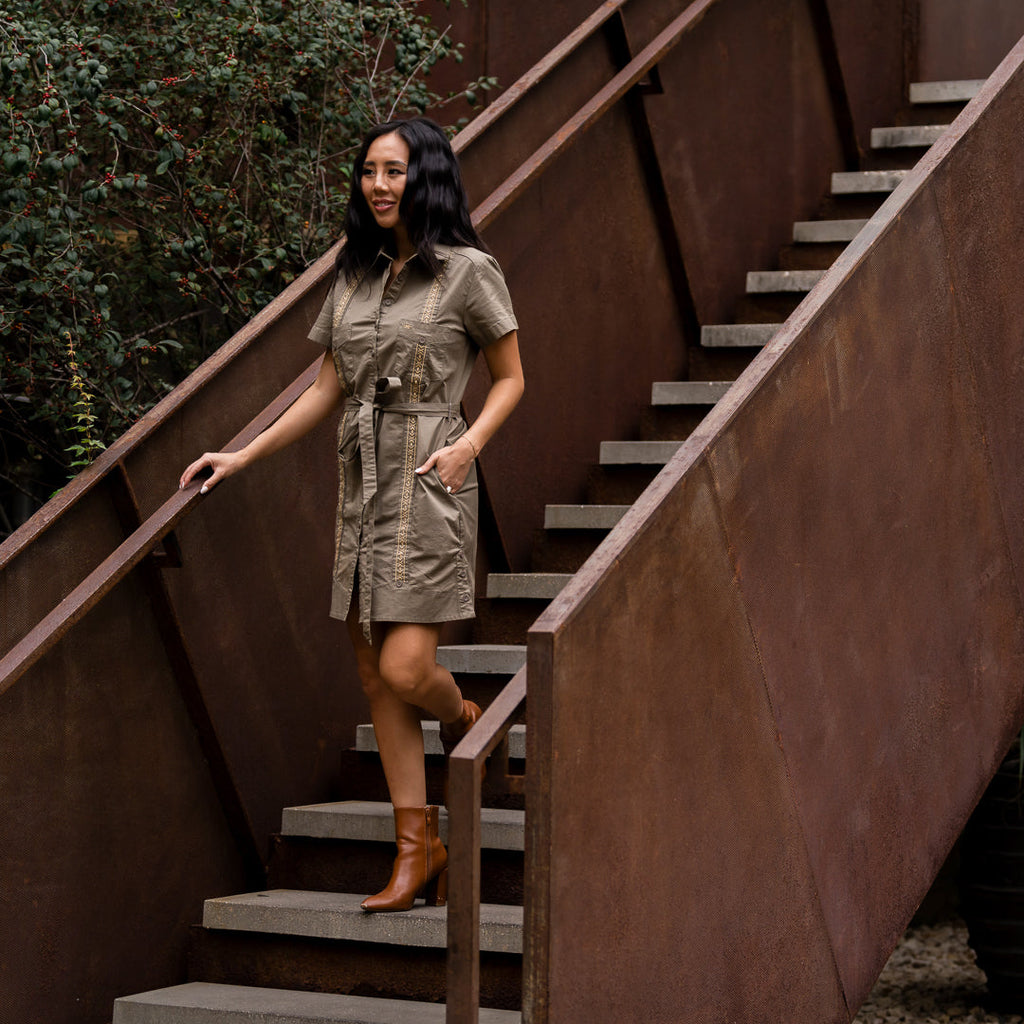 Women's Tejas Guayabera Dress in Agave Oro by Texas Standard, featuring traditional embroidery and relaxed fit for warm weather.