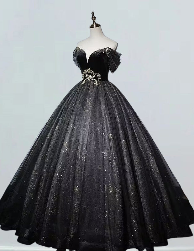 Black off-shoulder sparkle tulle ball gown prom dress by VIMYES featuring elegant design and shimmering fabric.