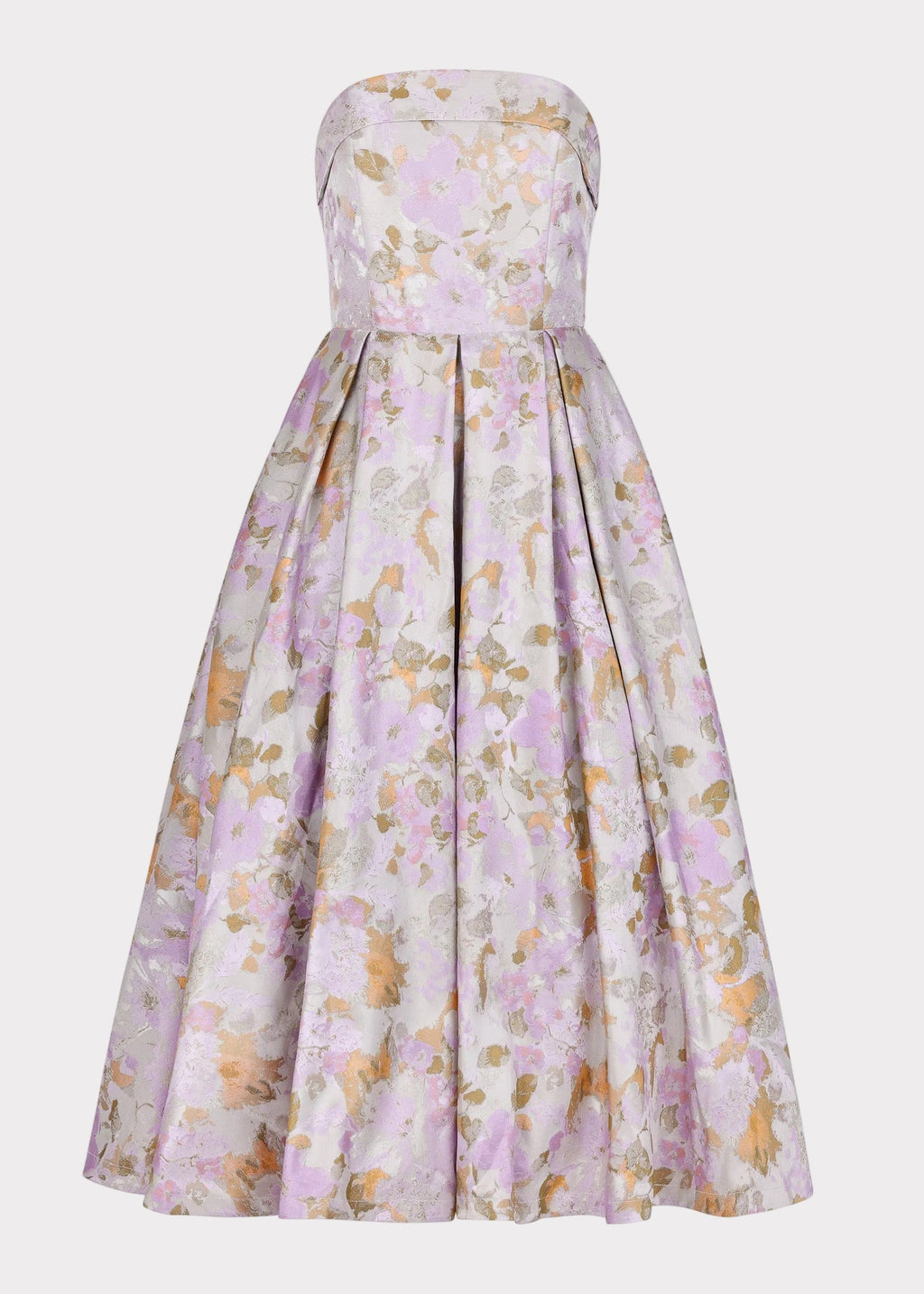 JessaKae Anastelle strapless jacquard dress with intricate floral pattern, fitted bodice, and flowing skirt, perfect for formal occasions.