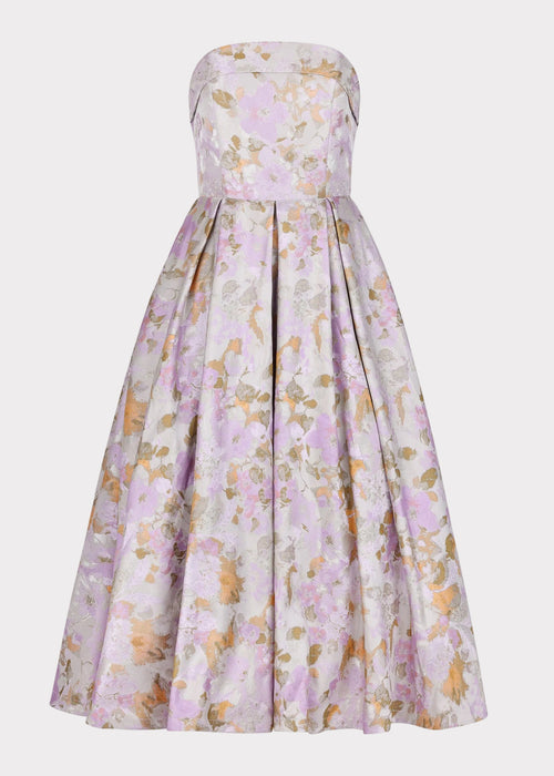 JessaKae Anastelle strapless jacquard dress with intricate floral pattern, fitted bodice, and flowing skirt, perfect for formal occasions.