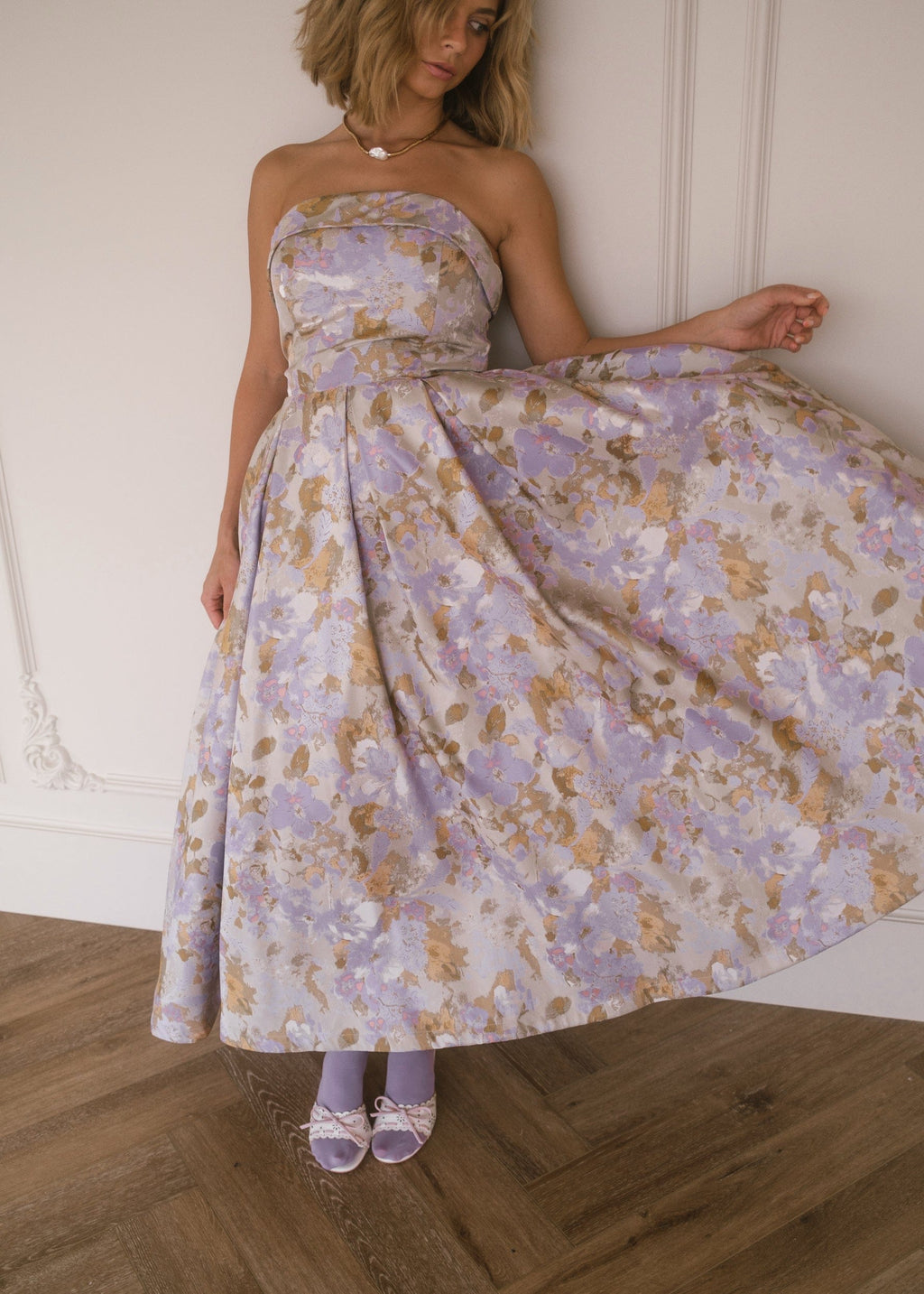 JessaKae Anastelle strapless jacquard dress with intricate patterns, fitted bodice, and flowing skirt for elegant occasions