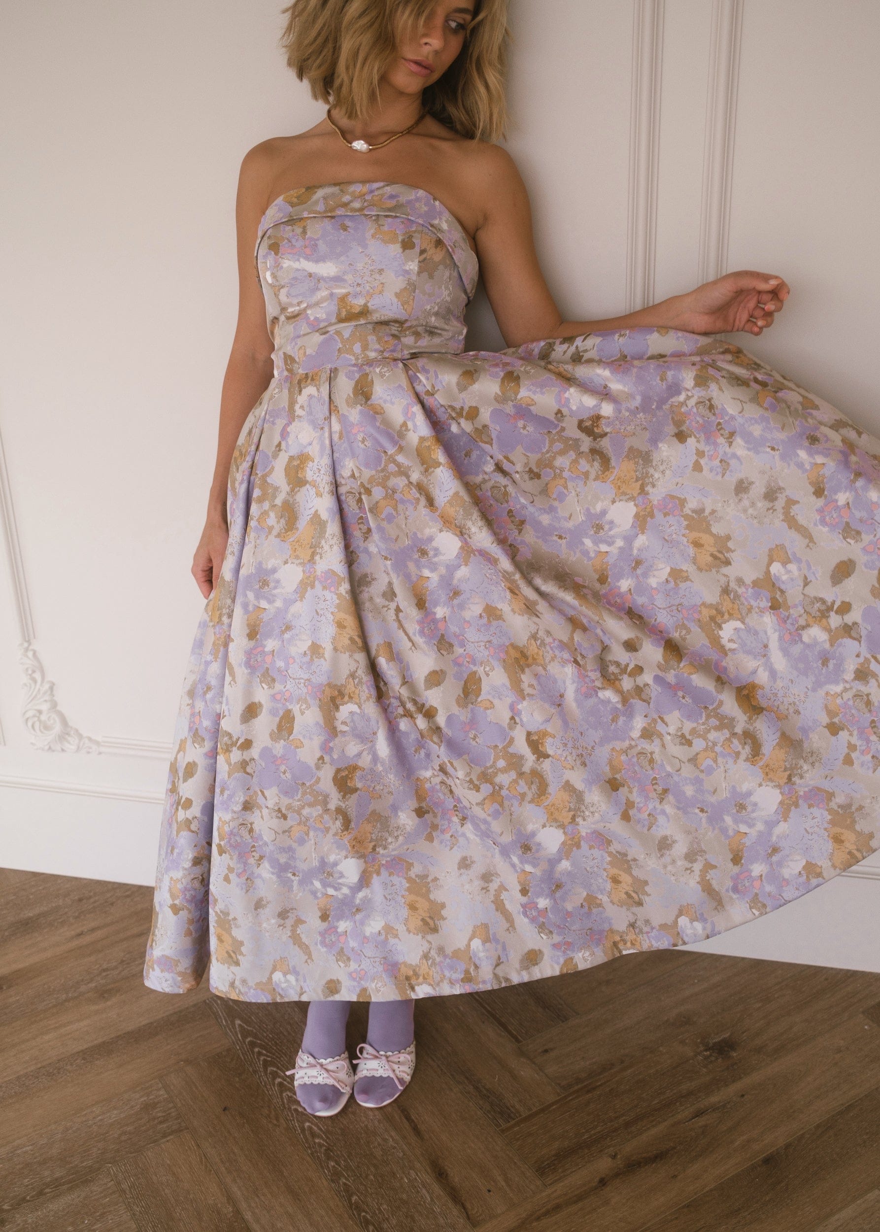 JessaKae Anastelle strapless jacquard dress with intricate patterns, fitted bodice, and flowing skirt for elegant occasions