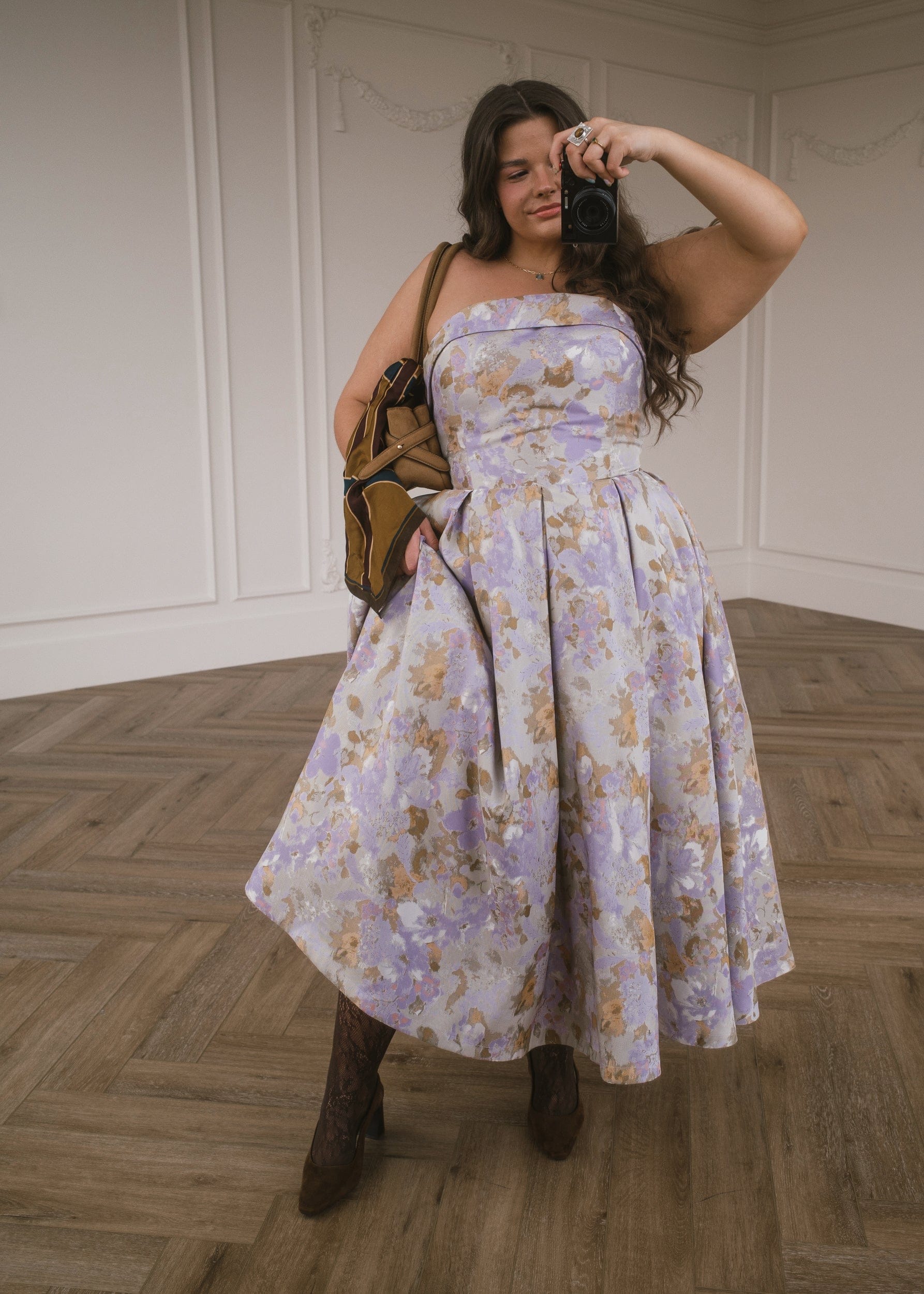JessaKae Anastelle strapless jacquard dress featuring a fitted bodice and intricate woven pattern, perfect for elegant occasions.