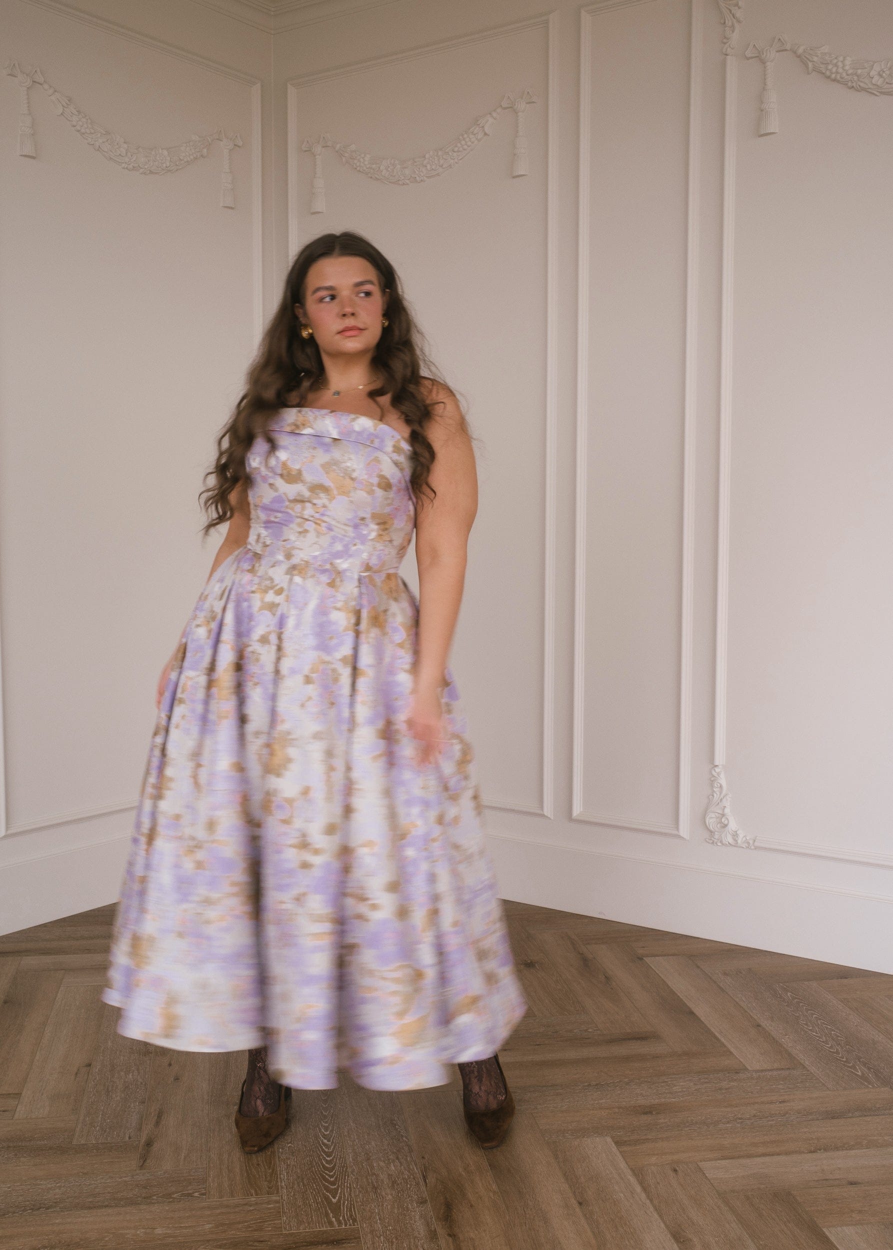 JessaKae Anastelle strapless jacquard dress with intricate pattern and fitted bodice, perfect for elegant occasions.
