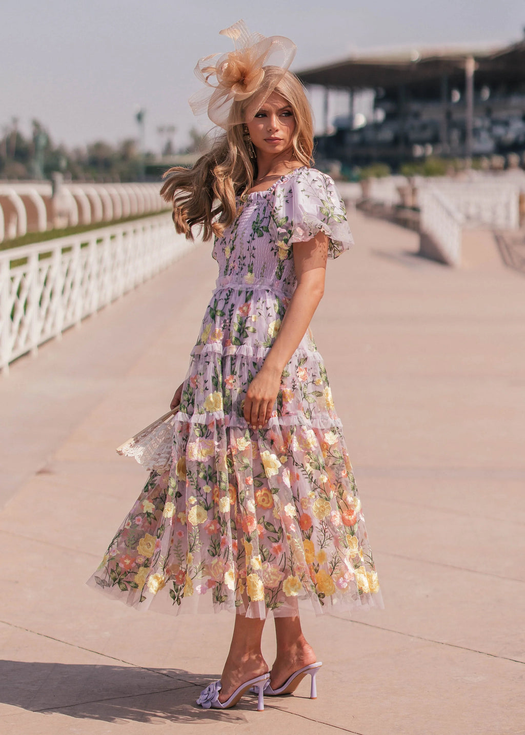Lavender midi rose dress by JessaKae featuring a flowy silhouette and floral design, perfect for elegant occasions.