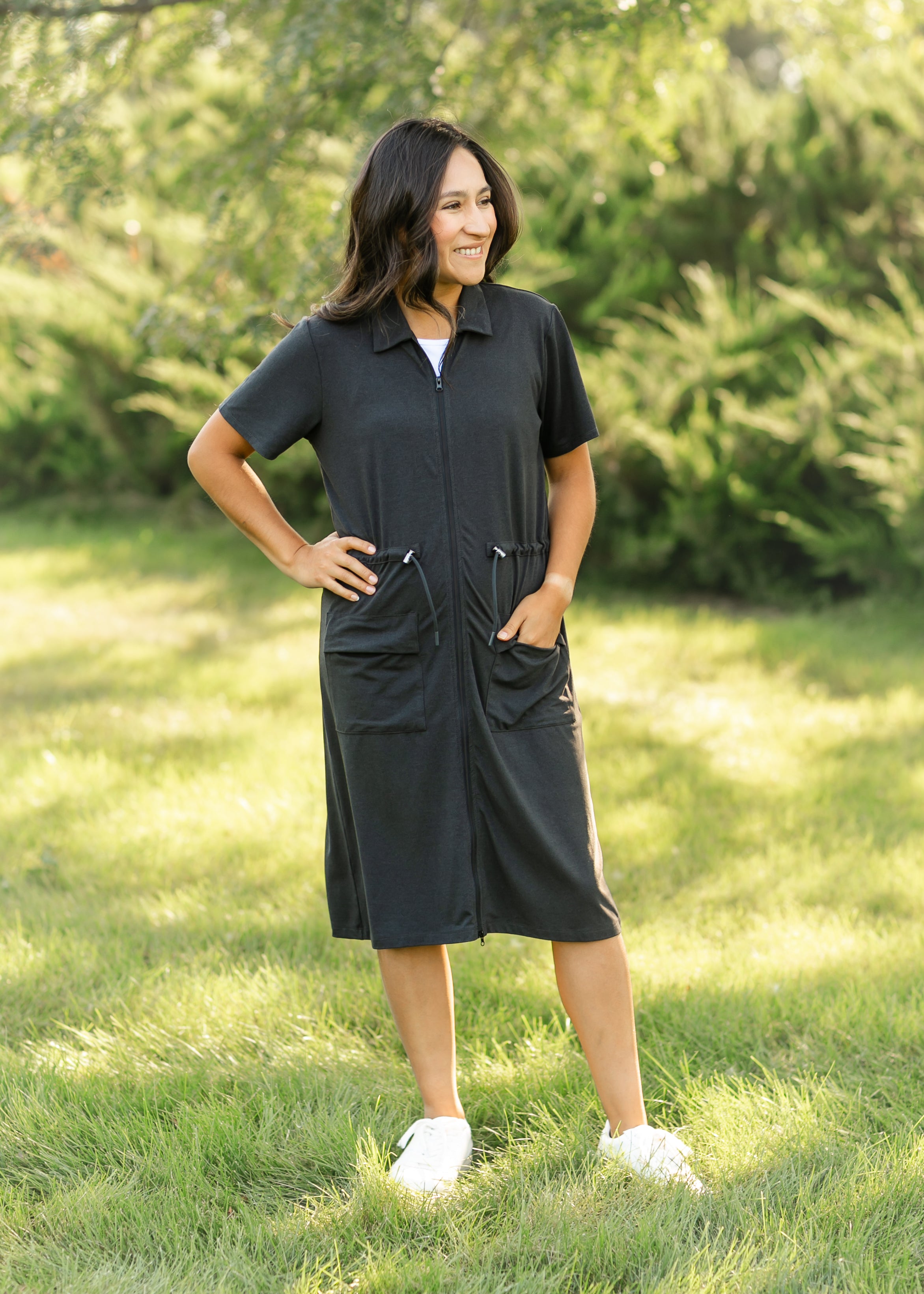 Inherit Co. Scout Athletic Midi Dress with zip-front design, lightweight fabric, and sporty silhouette for active wear.
